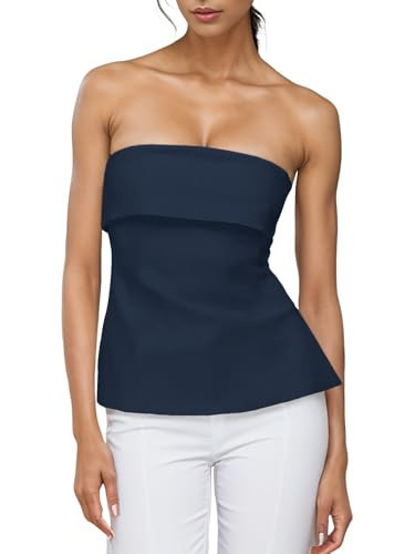 Strapless Tube Tops for Women Backless Going Out Bandeau Top Sexy Trendy Off Shoulder Side Split Summer Bustier Tops Navy Blue | Amazon (US)