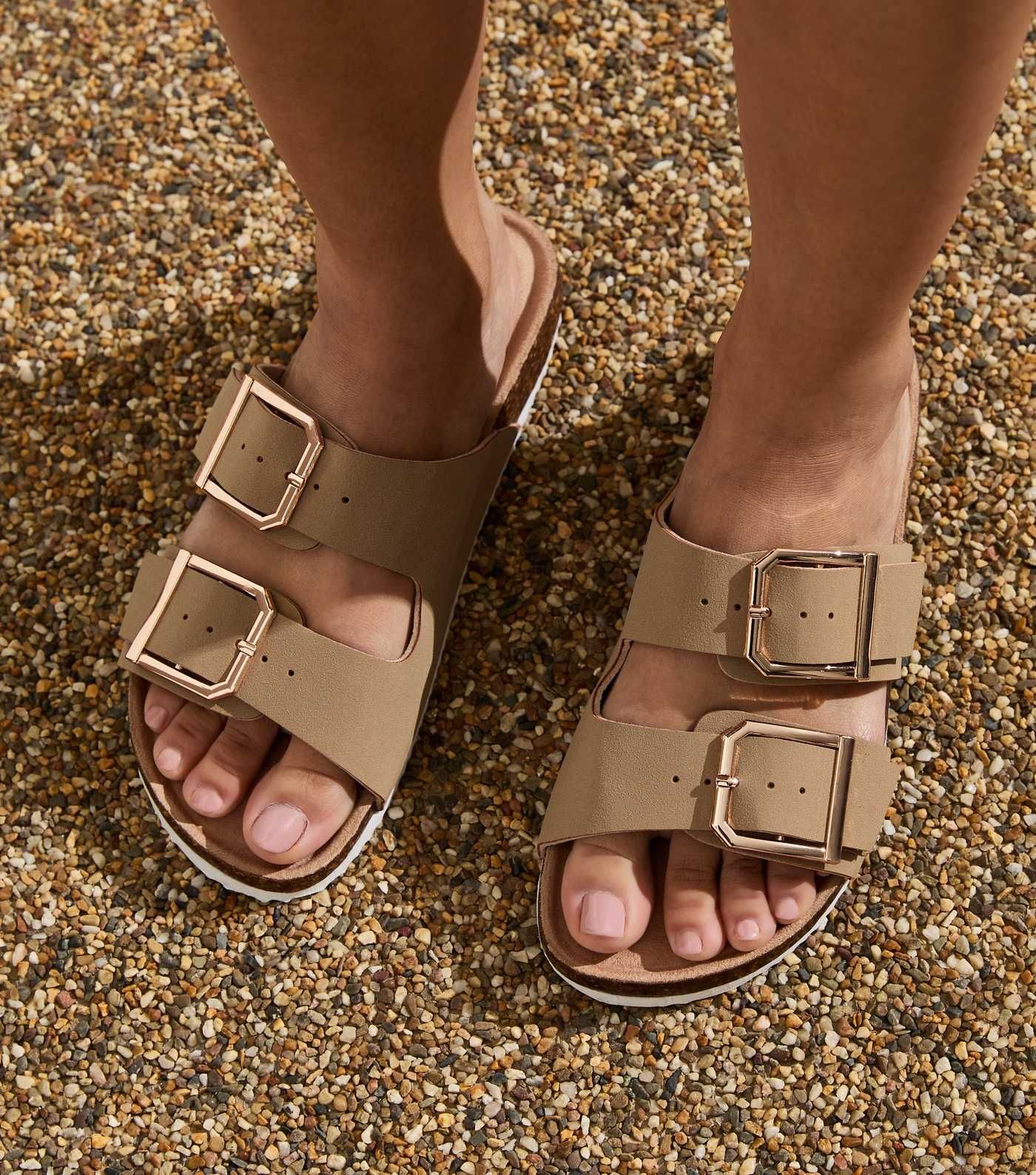 Wide Fit Light Brown Suedette Double Strap Sliders | New Look | New Look (UK)