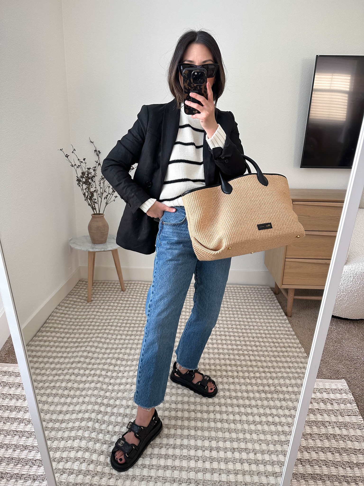 Travel capsule wardrobe. What I wore in Palm Desert. Outfit options for 60 degree temps. 

Petite style, minimal outfits, capsule wardrobe,  neutral outfits. 

Blazer - banana republic petite 4
Sweater - Jenni Kayne xs
Jeans - Levi’s 25
Sandals - Chanel 35
Tote - Khaite Amelia
Sunglasses - YSL Mica


#LTKshoecrush #LTKitbag #LTKtravel