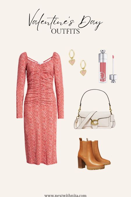 Floral midi dress with Coach Tabby crossbody, leather booties, Dior lipgloss, and Kendra Scott heart earrings as a Valentine’s Day outfit, date night outfit, casual outfit. 

#LTKSeasonal #LTKstyletip #LTKshoecrush