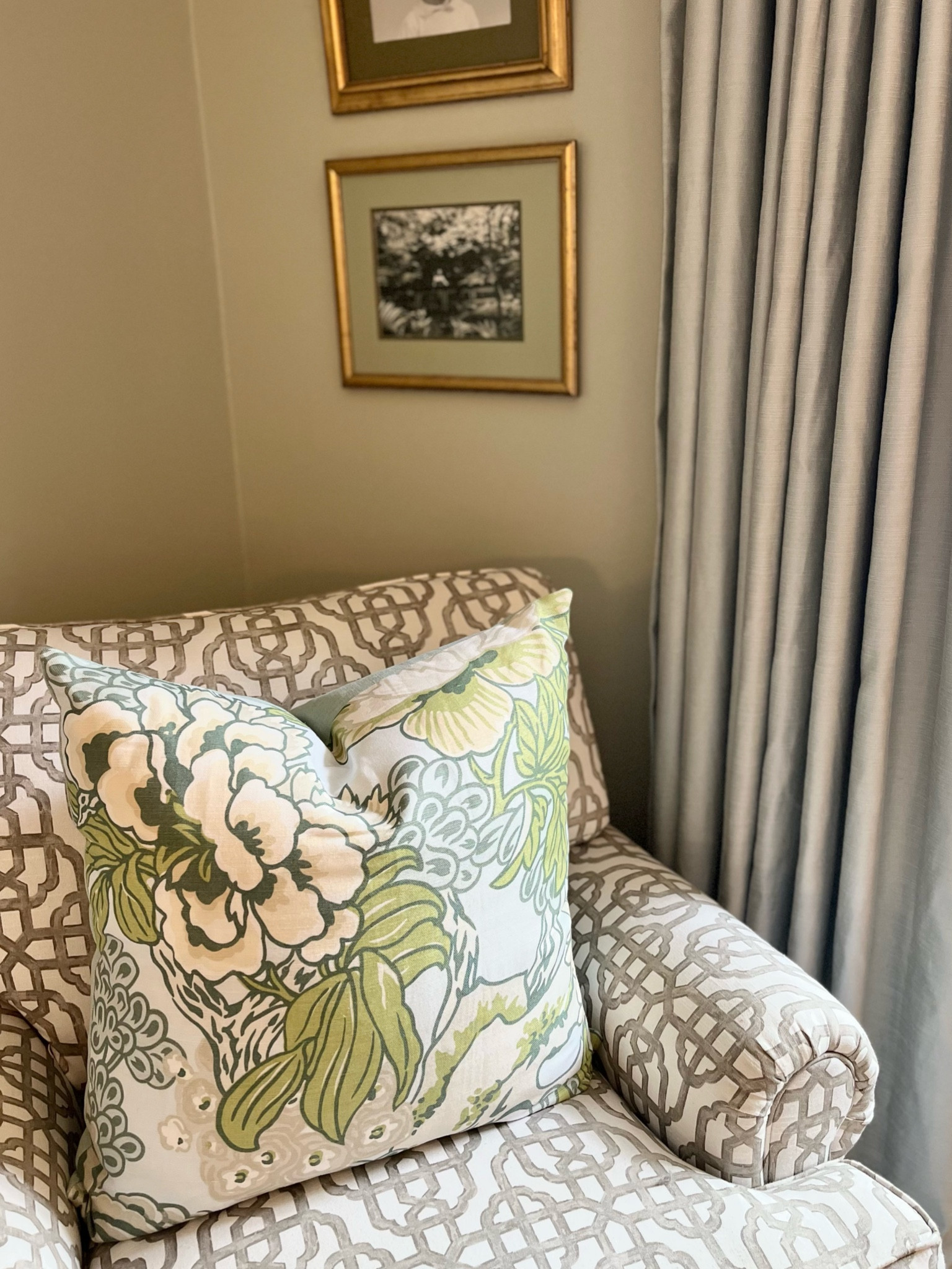 I love how this large floral print helps break up the more geometrical lines of the chair. The chair is a Goodwill find I had recovered. I have this same fabric in blue in my living room, too! You can get 10% off the square pillow for signing up for their emails.

#LTKhome