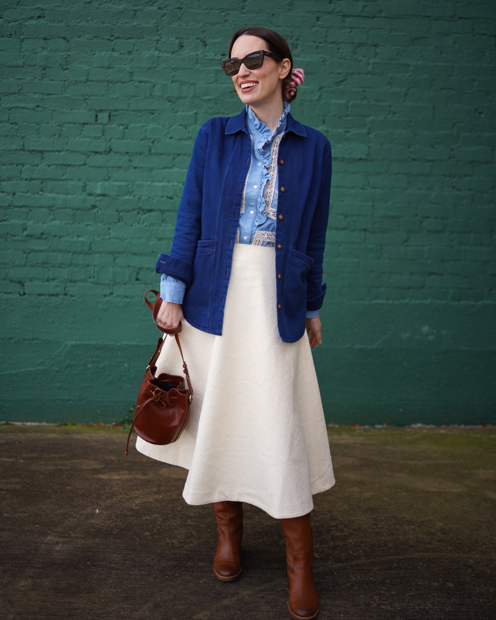 Sezane denim jacket, will button down and chambray ruffled blouse. Paired with a white Tuckernuck midi skirt, brown leather marc fisher heeled boots, a Sezane handbag and striped scrunchie. 

#LTKdayinmylife #LTKootd