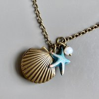Shell Locket Necklace - Starfish Necklace, Ocean Jewelry, Pearl, Patina Keepsake Beach Lover Gift, Wedding | Etsy (US)