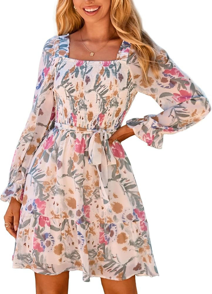 Simplee Womens Floral Long Sleeve Mini Dress Boho Square Neck Smocked A-Line Flowy Short Wedding ... | Amazon (US)