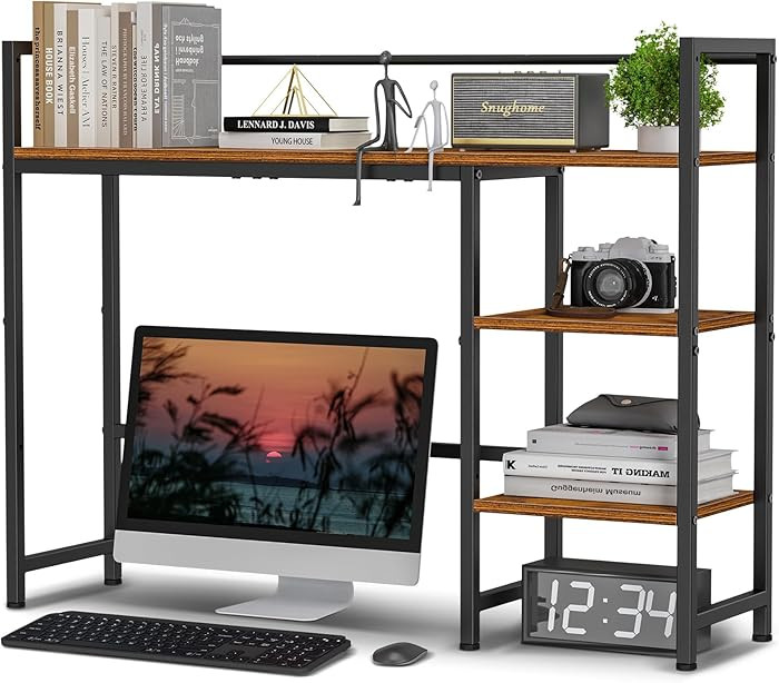 Snughome Desk Shelf, 38.6" Desktop Organizer Shelf, Desk Hutch for Computer Monitor, 4 Tier Desk Display Rack, Wood Desktop Bookshelf Storage Rack for Home Office Dorm, Rustic Brown | Amazon (US)