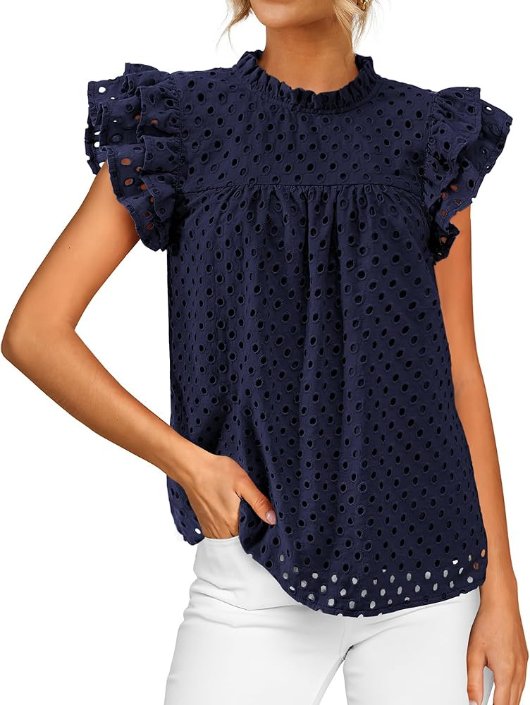 BTFBM Casual Summer Tops for Women 2025 Short Ruffle Sleeves Shirts Crew Neck Hollow Out Lace Emb... | Amazon (US)