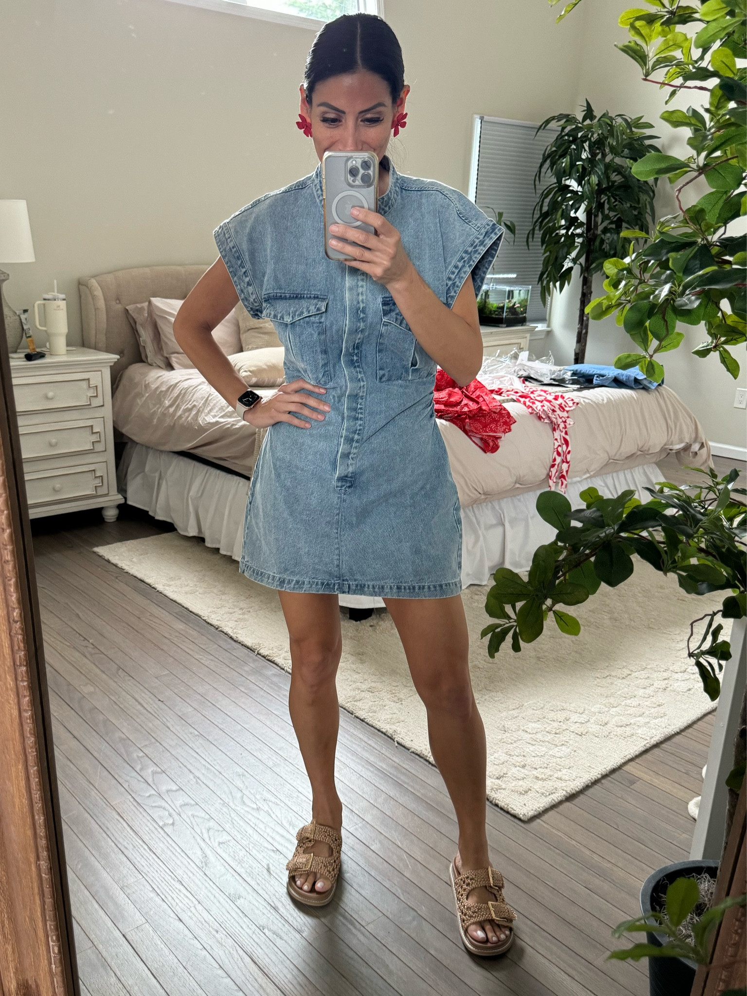 Denim dress. Denim essentials. Statement earrings. Shoe crush. Sandals. Slides. Casual patriotic look. Americana.

#LTKFindsUnder100 #LTKStyleTip #LTKFindsUnder50
