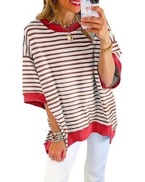 SHEWIN Womens Summer Tops Casual Short Sleeve Sweatshirt Striped Shirt Crewneck Pullover T Shirts... | Amazon (US)