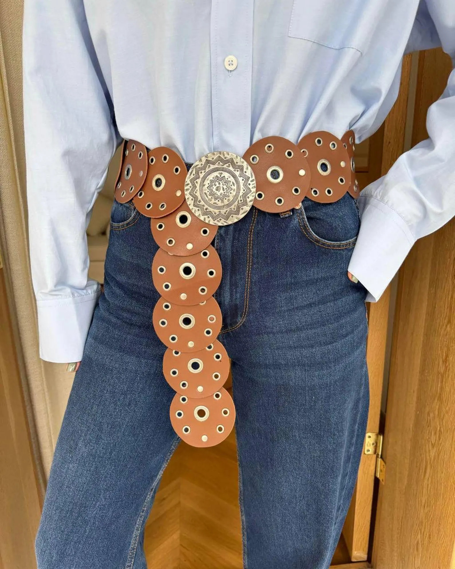 Tan Leather Disc Belt, Engraved Buckle, Bohemian Western Waist Accessory | Etsy (US)