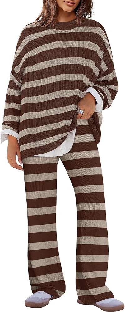 Panadila Womens Oversized Lounge Sets Striped Sweater Set 2 Piece Pajama Set Long Sleeve Top and ... | Amazon (US)