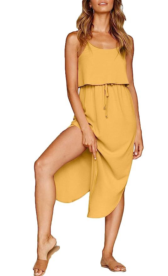 NERLEROLIAN Women's Adjustable Strappy Split Summer Beach Casual Midi Dress | Amazon (US)