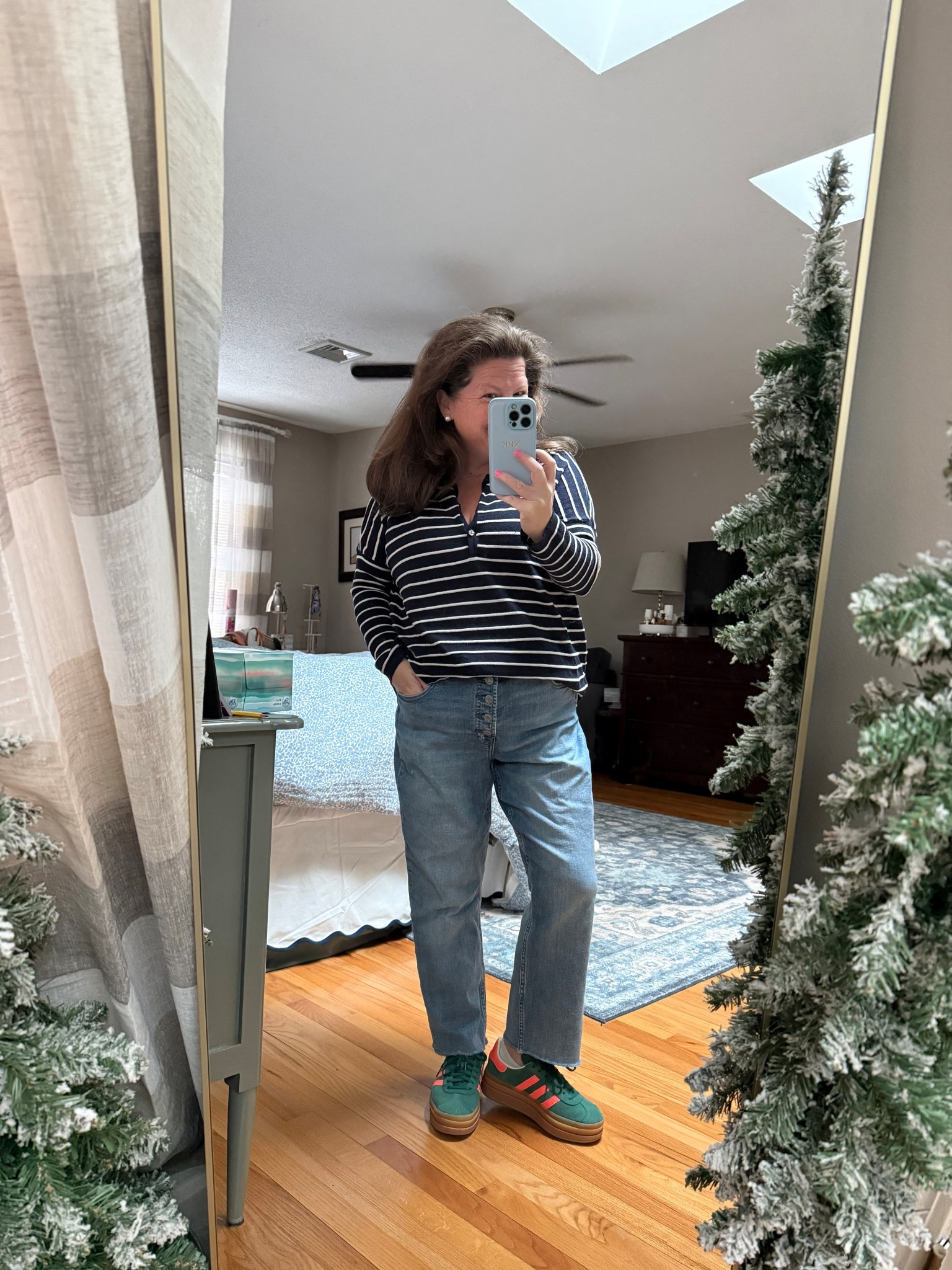 Instead of a tee and sweatpants try a blouse and jeans with a fun sneaker! Makes me instantly feel better. 

#LTKMidsize #LTKOver40 #LTKootd