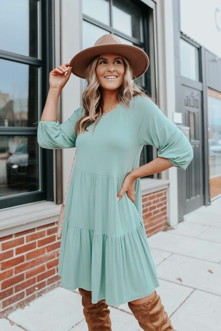 3/4 Sleeve Sage Tiered Dress | Magnolia Boutique