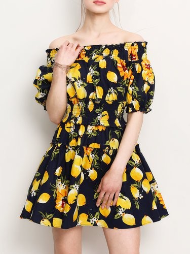 Shirred Lemon Printed Off Shoulder Short Sleeve Mini Dress | StyleWe (US)