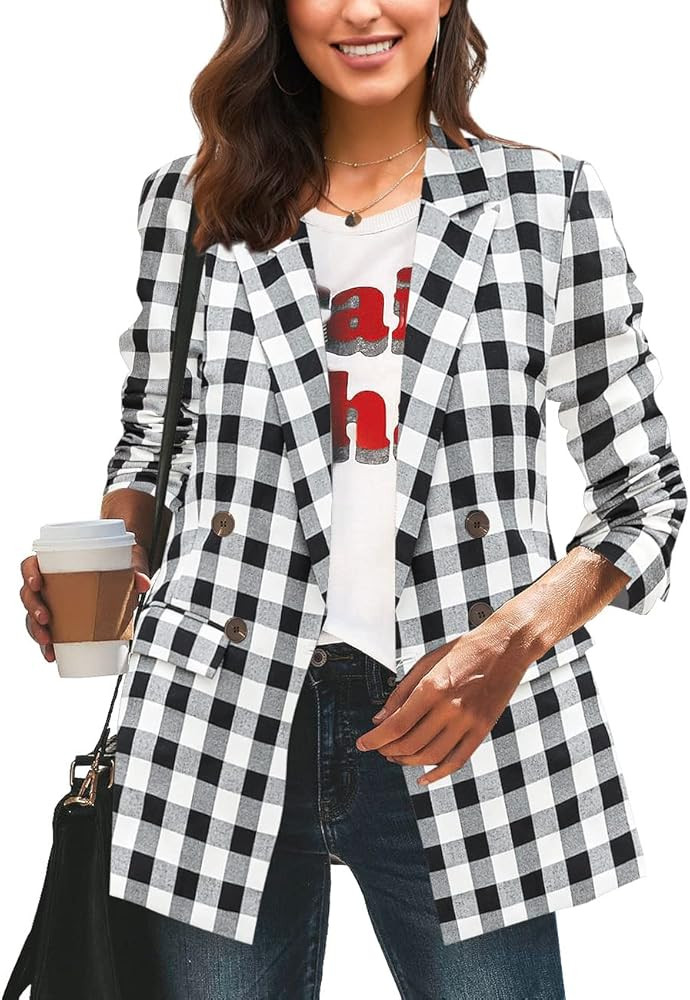 LookbookStore Women's Casual Check Plaid Loose Buttons Work Office Blazer Suit | Amazon (US)