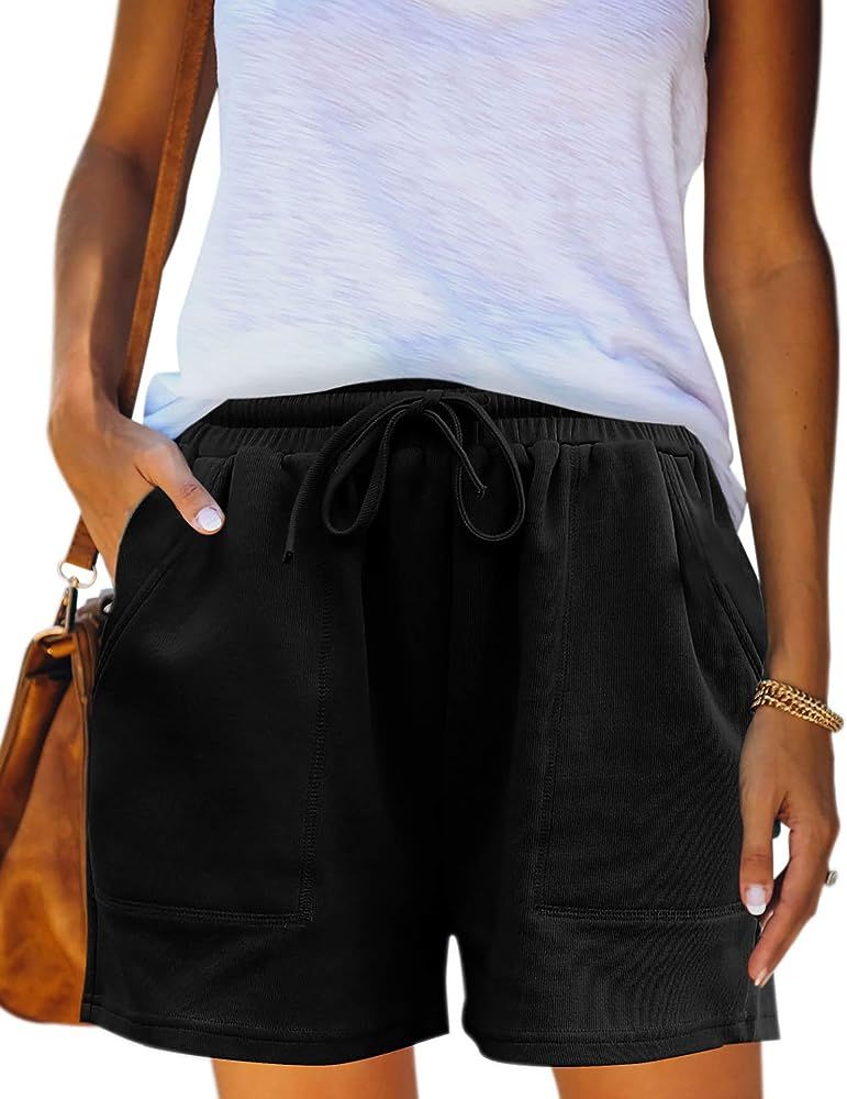 Hibluco Womens Casual Athletic Shorts Comfy Elastic Waist Pants with Pockets | Amazon (US)
