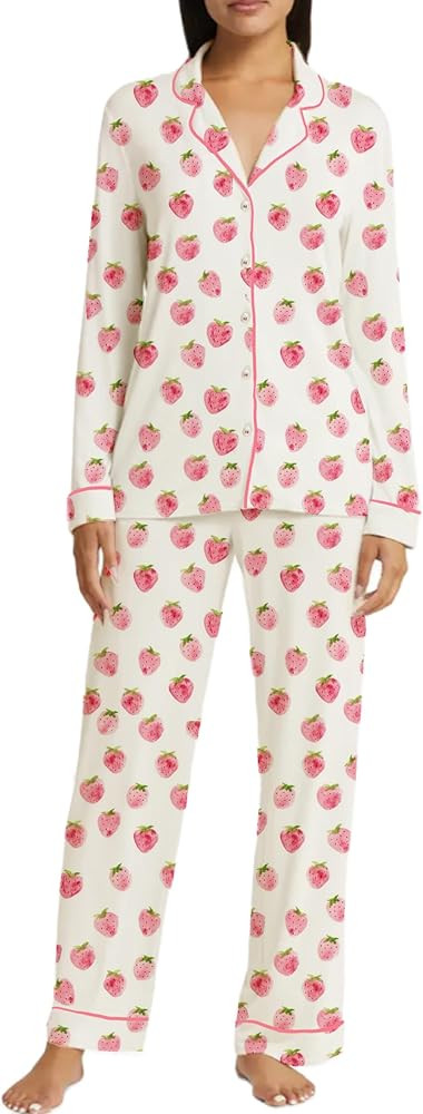 Womens Cute Fruit Printed Pajamas Aesthetic Preppy 2 Piece Long Sleeve Button Down Shirts Pants L... | Amazon (US)