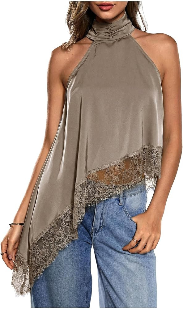 Milumia Women's Halter Neck Sleeveless Top Lace Asymmetrical Hem Summer Going Out Tank Tops | Amazon (US)
