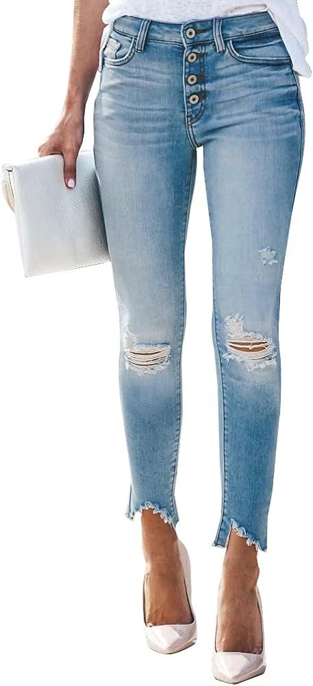 LONGYIDA Womens Ripped Jeans Stretchy High Waist Skinny Ankle Pants Button Fly Jeans for Women | Amazon (US)