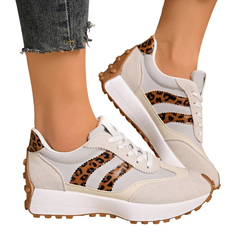 Rokment Women's Leopard Platform Fashion Sneakers Trendy Casual Color Block Suede Lace up Skatebo... | Walmart (US)