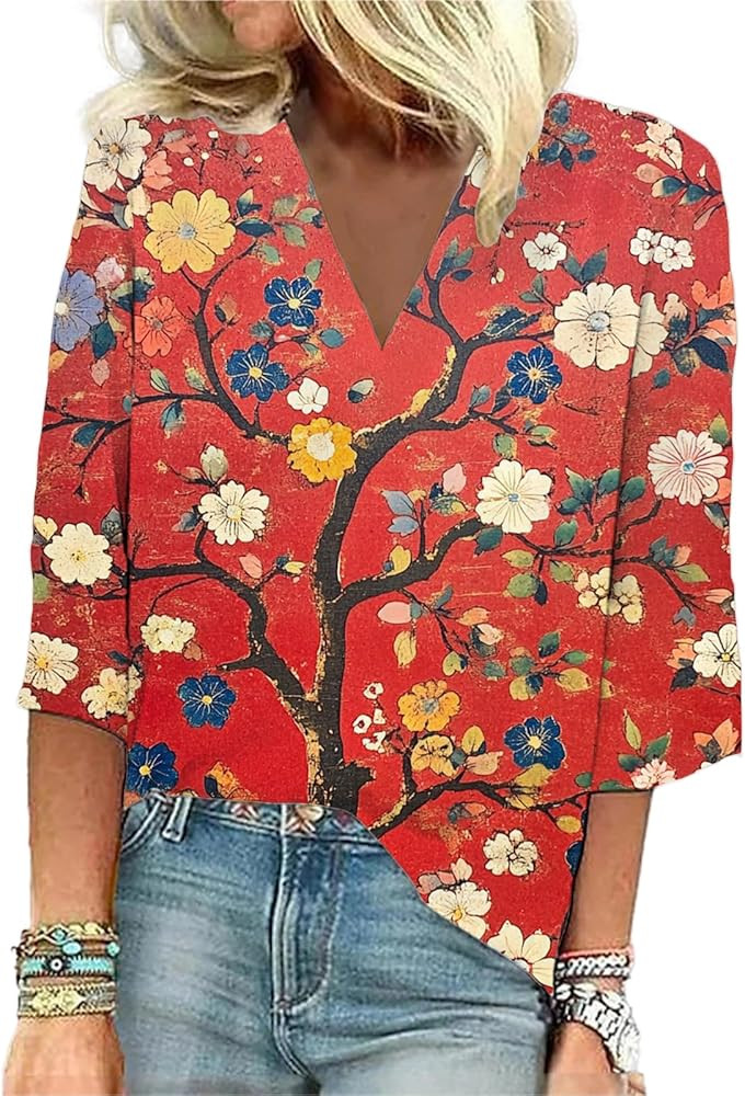 Boho 3/4 Length Sleeve Women Tops Floral Printed V Neck Blouses Dressy Casual Graphic Tees Vacati... | Amazon (US)