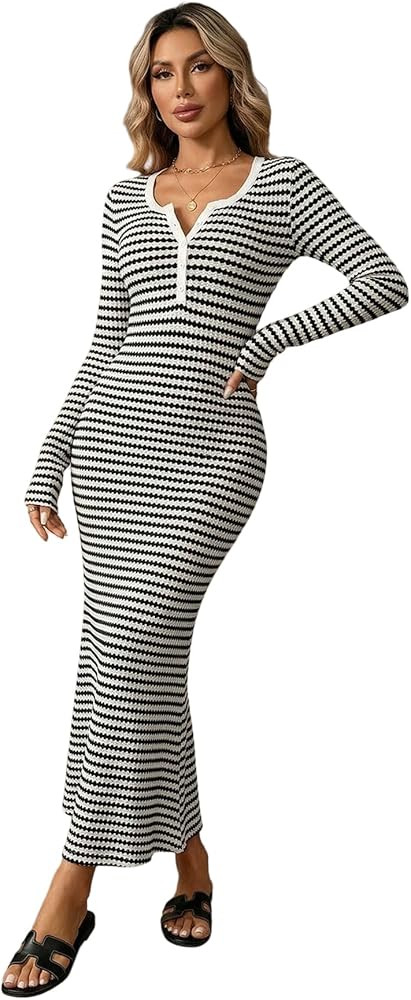 Women's Striped Long Sleeve Maxi Dress Elegant Button Front Notched V Neck Fishtail Bodycon Dress... | Amazon (US)