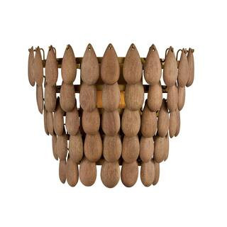 Ravi 11.5 in. 1-Light Hand-Distressed Patinaed Brass and Handcrafted Mango Wood Flush Mount Sconce | The Home Depot