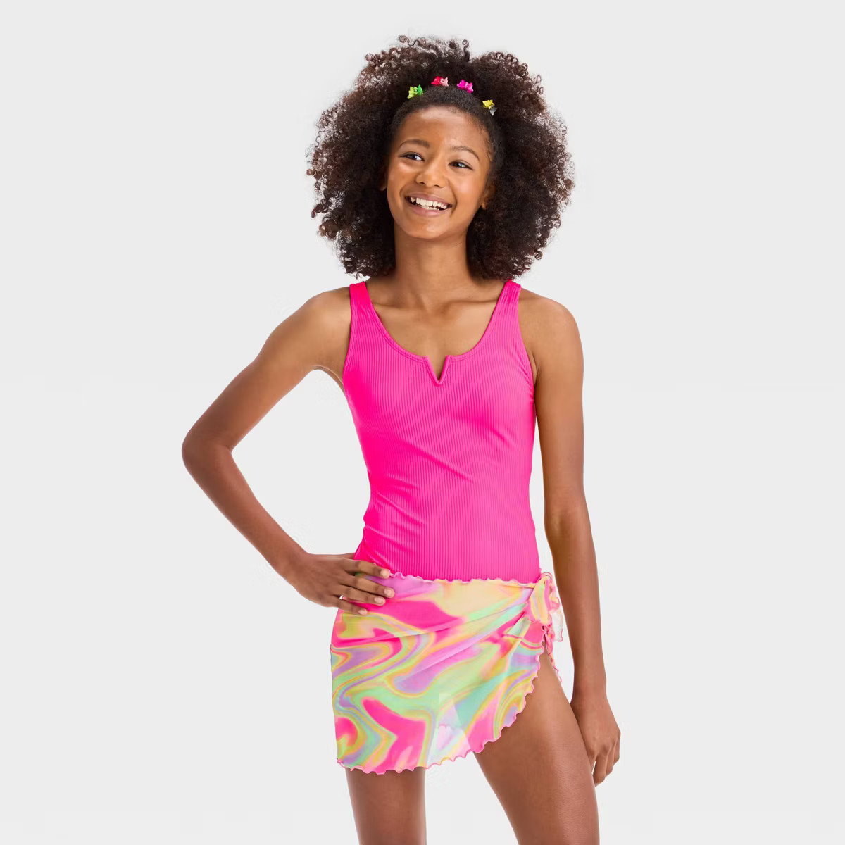 Girls' Solid One Piece Swimsuit Set - art class™ Pink | Target