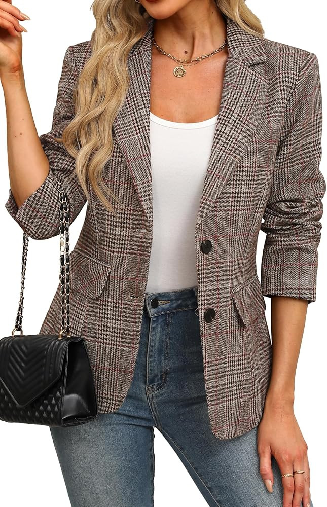 ELLEVEN Womens Casual Plaid Blazer Lapel Collar Double Button Long Sleeve Boyfriend Blazer Suit H... | Amazon (US)