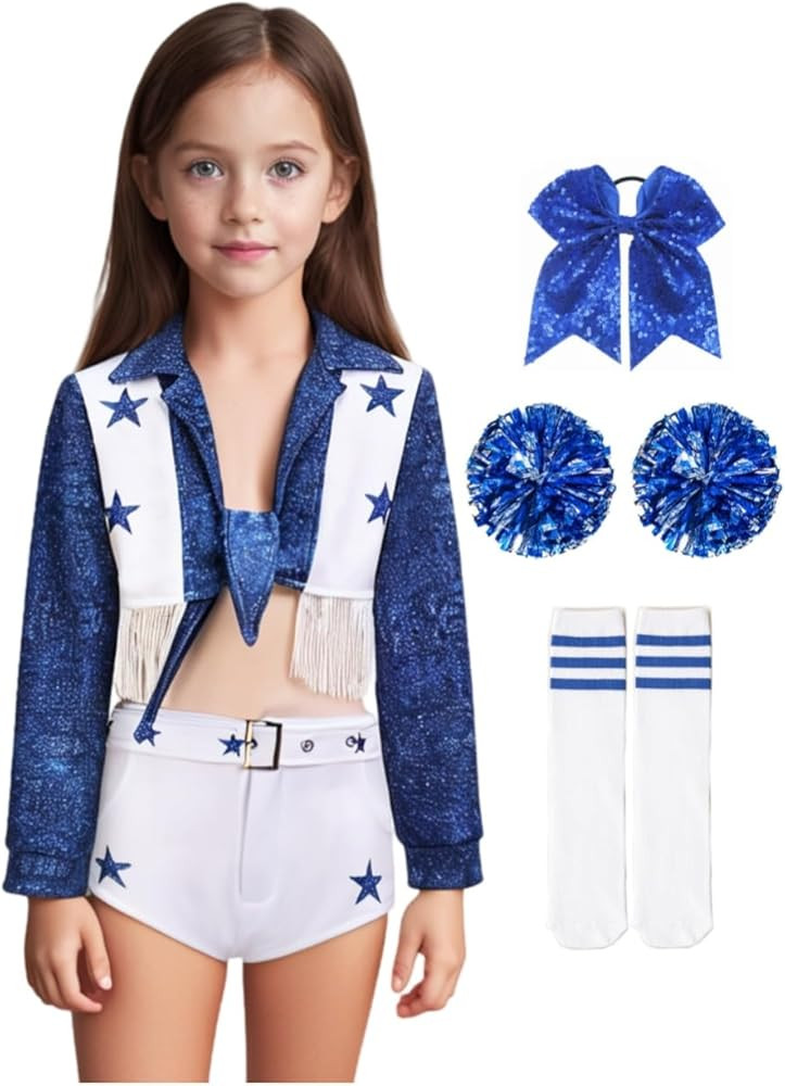 Girls Cowboy Cheerleader Costume Blue Star Cheerleader Outfit for Kids Uniform Set | Amazon (US)