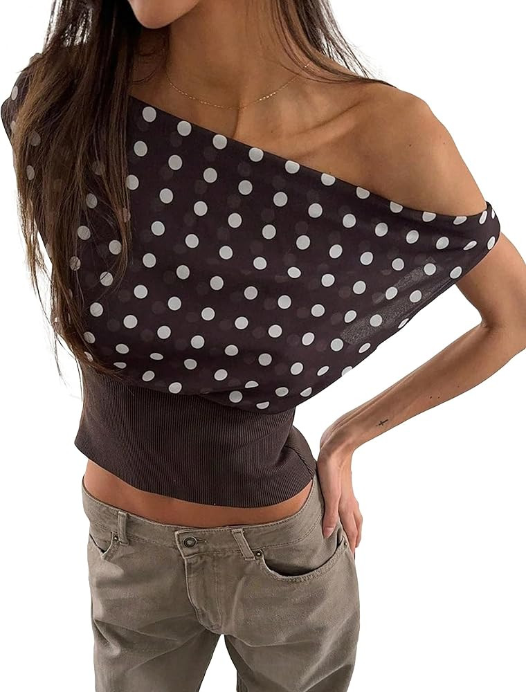 Women Y2k Polka Dot Mesh Asymmetrical Off Shoulder Crop Tank Tops Open Back Tie Patchwork Ribbed ... | Amazon (US)