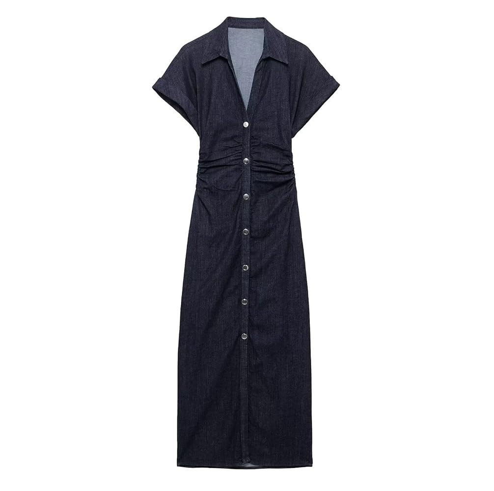 Women's Stylish Denim Button-Down Smocked Waist Midi Dress, Classic Lapel Collar with Cuffed Slee... | Amazon (US)