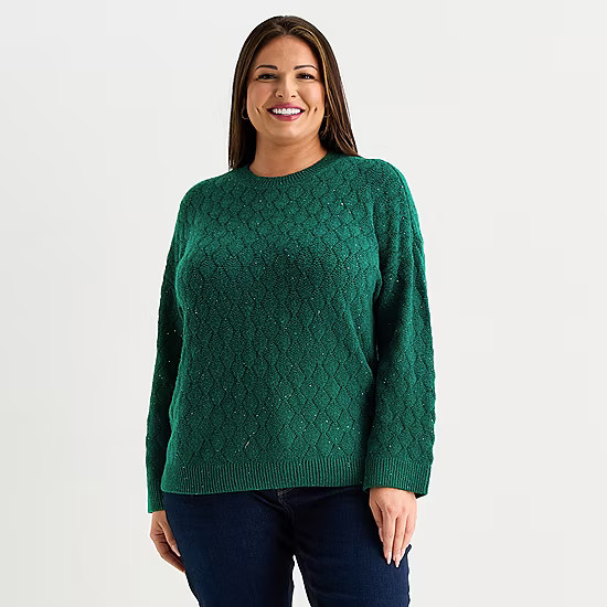 Liz Claiborne Plus Womens Crew Neck 3/4 Sleeve Pullover Sweater | JCPenney