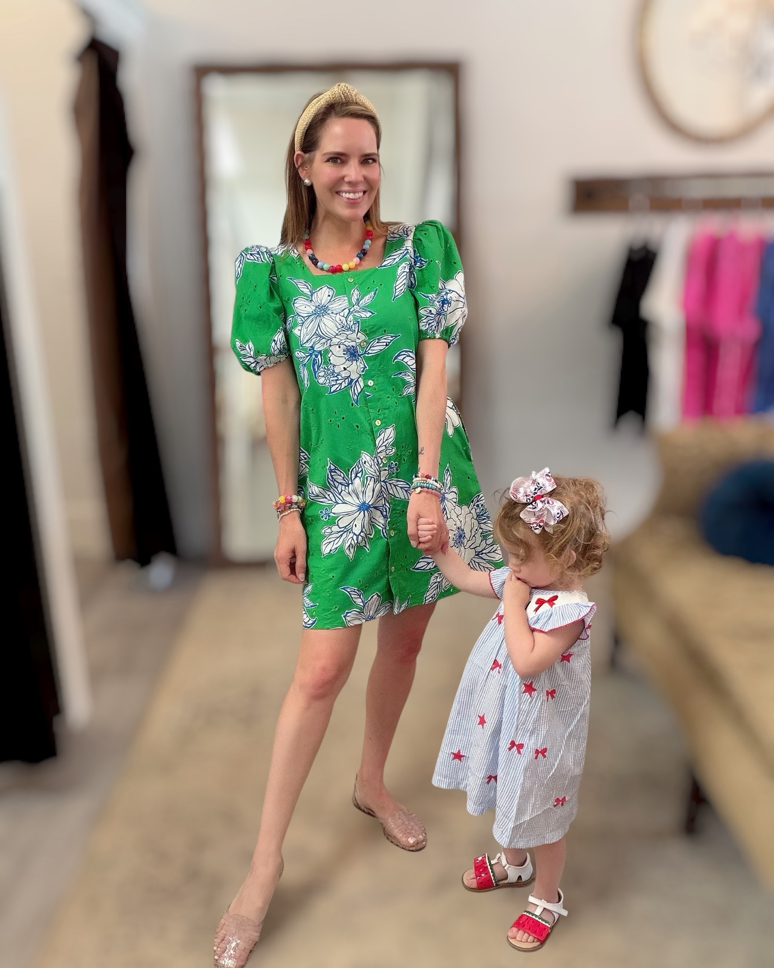 Green Dress + Colorful Accessories 💚🌈

Bright summer style with this gorgeous green floral dress paired with colorful beaded jewelry and woven flats ✨ Added the cutest patriotic mommy & me touch with my little one’s bow print dress and sandals ❤️🤍💙 Perfect for summer outings, casual dinners, or festive weekends! 💚 I’m wearing the green floral dress in XS and linked all the colorful accessories, shoes, and our coordinating looks. ☀️🩷 #LTKStyle #MommyAndMe #SummerStyle

green floral dress, colorful beaded jewelry, woven flats, mommy and me outfit, patriotic toddler dress, summer outfit inspiration, preppy summer style, colorful accessories, casual summer dress, festive summer outfit 💚✨

#LTKOver40 #LTKmomlife #LTKKids