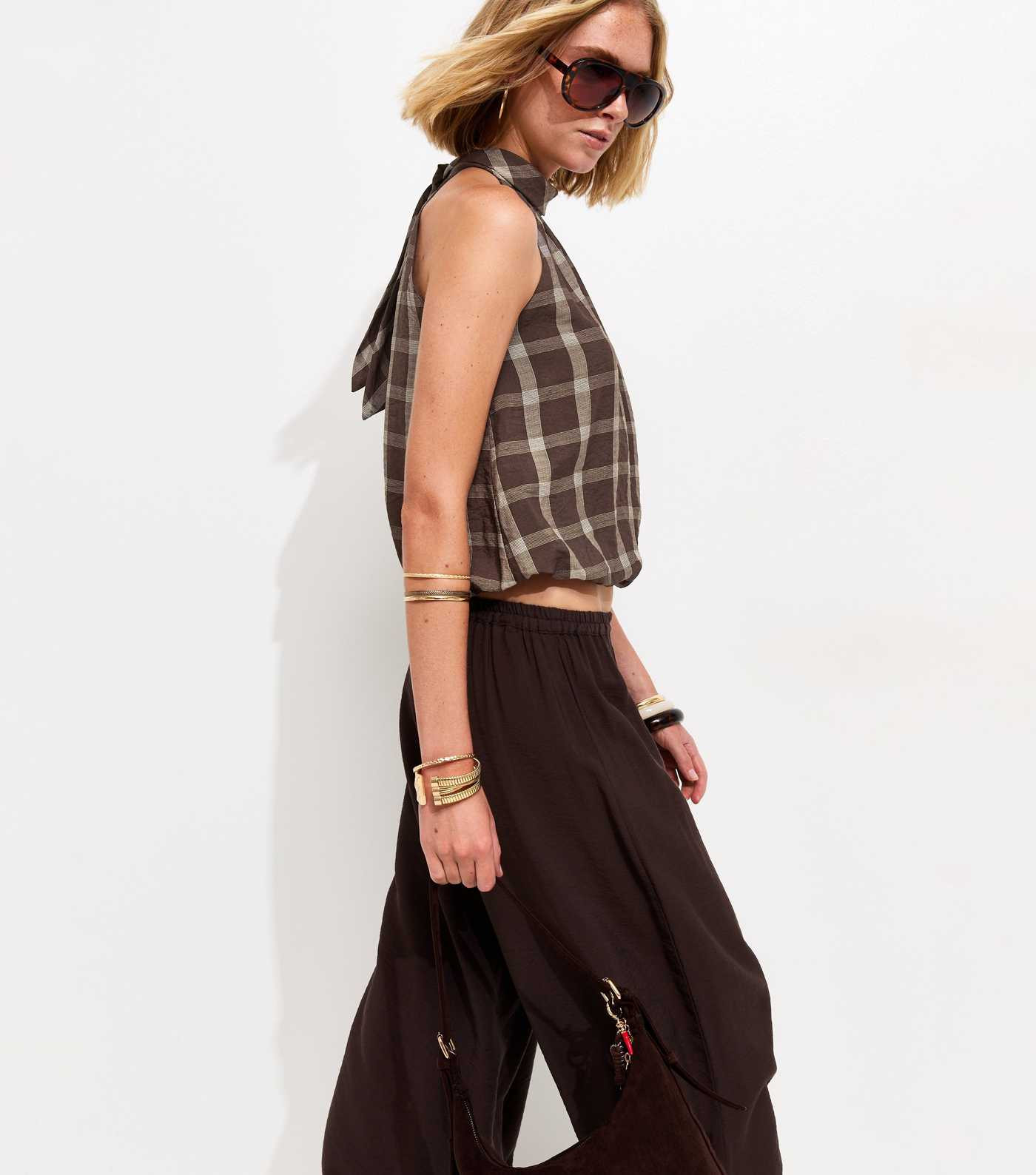 Brown Check Print Bubble Hem Halterneck Top | New Look | New Look (UK)
