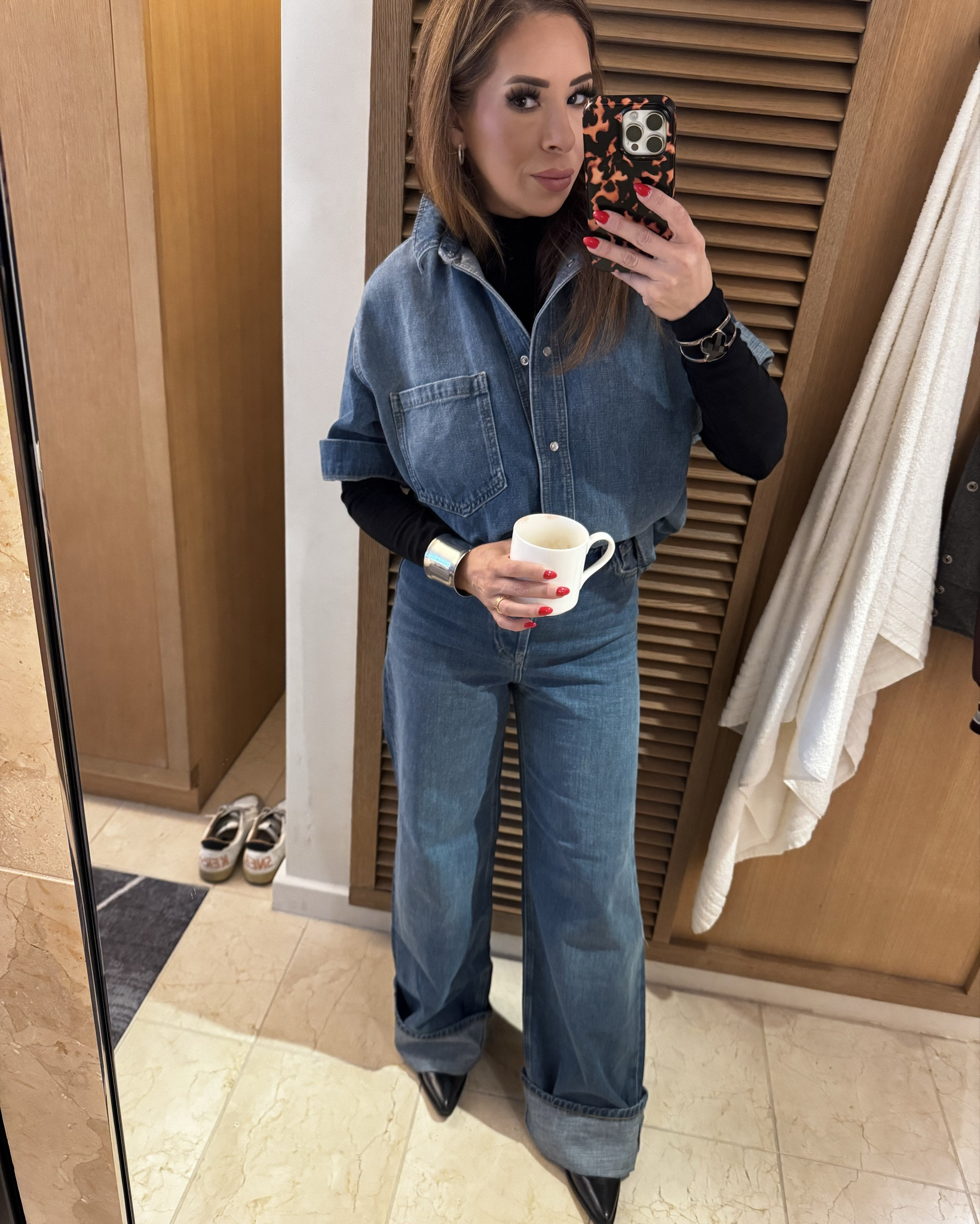 Denim on denim. 
Silver accessories 
Black turtleneck is JCrew
Silver cuffs are Dillards and Tous

#LTKFindsUnder50 #LTKOver40 #LTKdayinmylife