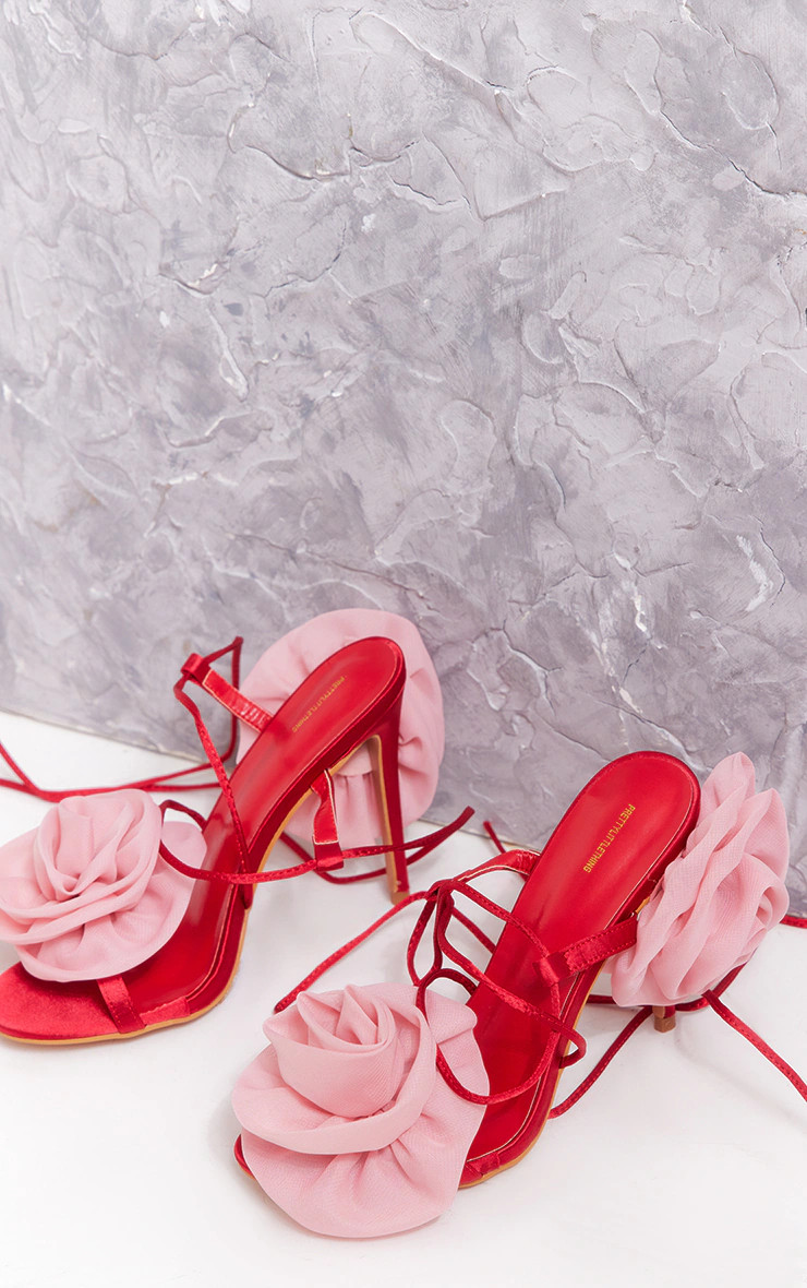 Red Satin Round Toe Crosage Lace Up High Heeled Sandals | Pretty Little Thing (Australia & New Zealand)