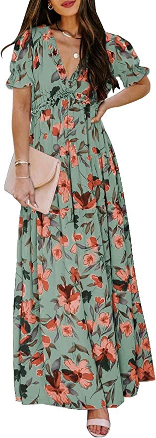 BLENCOT Womens Casual Boho Floral V Neck Loose Short Sleeve Long Dress Ruched Maxi Dress | Amazon (US)