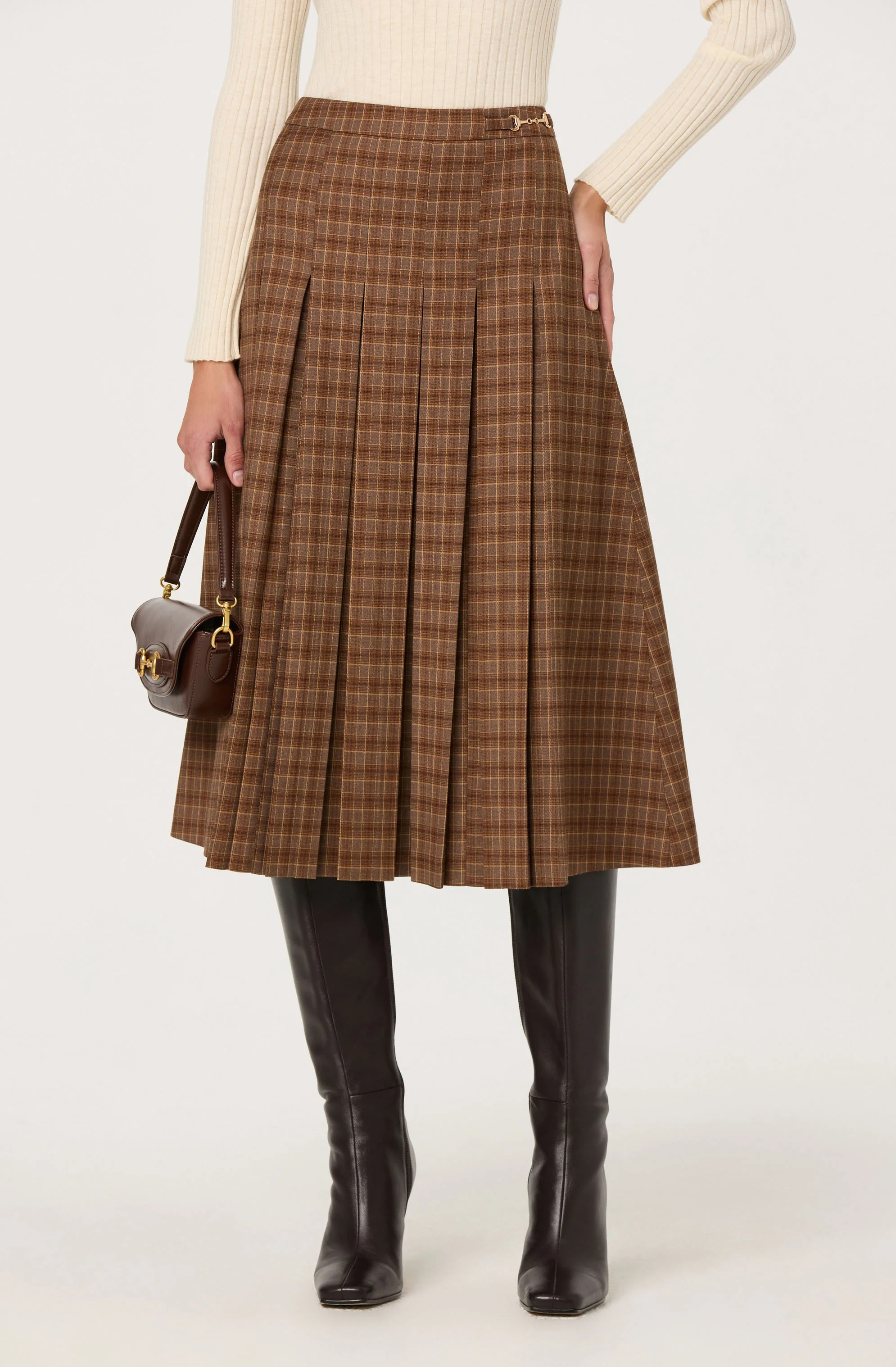 Vena Pleated Plaid Midi Skirt - Brown plaid / M | ASTR The Label (US)
