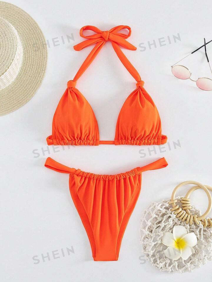 Three-point Split Suspender Swimsuit, Vibrant Orange Straps, Sexy Two-piece Bikini | SHEIN