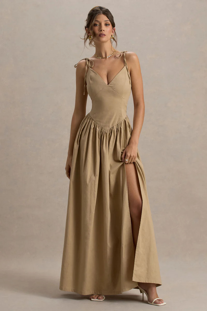 Comet | Tan Linen Maxi Dress with Plunge Neckline and Front High Split | Club L London