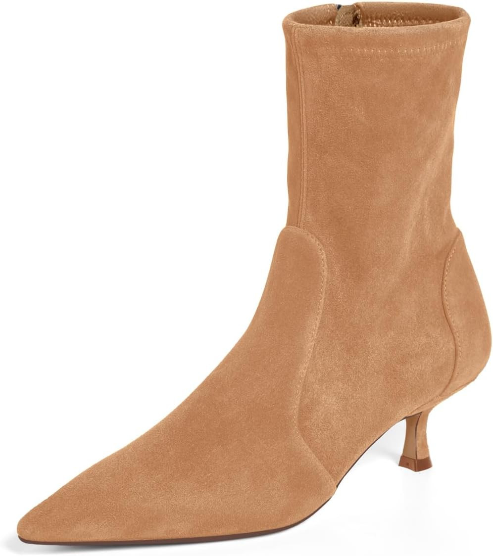 Coutgo Womens Low Kitten Heel Ankle Boots Pointed Toe Booties Side Zipper Fall Shoes | Amazon (US)
