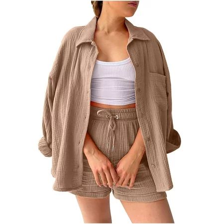 Women s Two Piece Suit Sets Summer Fall Button Long Sleeve Cardigan Tops Drawstring Short Pants Ladi | Walmart (US)