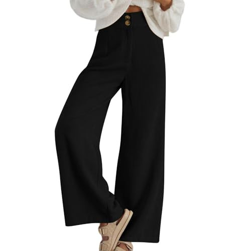 Women's Corduroy Pants High Waisted Wide Leg Pants Comfy Business Casual Work Pants Fall Winter Straight Leg Loose Lounge Pants Long Trousers with Pockets Pull On Dress Pants Elastic Waist Trendy Pant | Amazon (US)