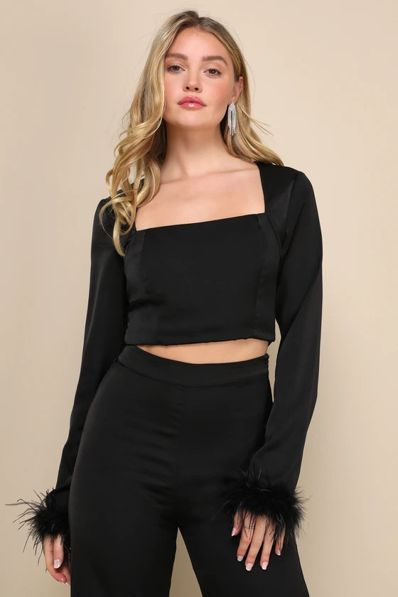Premium Aura Black Satin Feather Long Sleeve Crop Top | Lulus