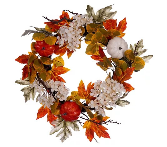 Vickerman 22" Fall Pumpkin Hydrangea Wreath - QVC.com | QVC