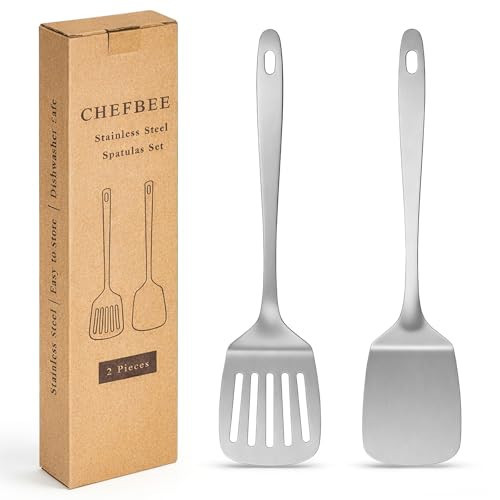 ChefBee 2PCS Metal Spatula Set - Stainless Steel Spatula Solid & Slotted Turner Flipper for Kitchen Use, Heat Resistant Kitchen Cooking Utensils for Flipping Fish, Eggs, Pancakes, Dishwasher Safe | Amazon (US)