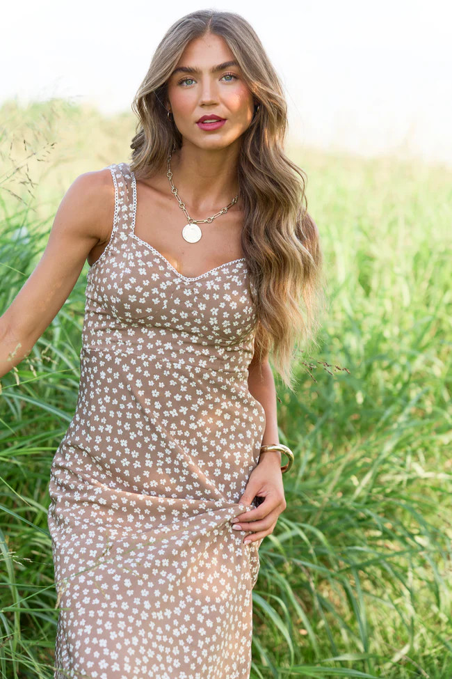 Fields of Gold Brown Floral Midi Dress | Pink Lily