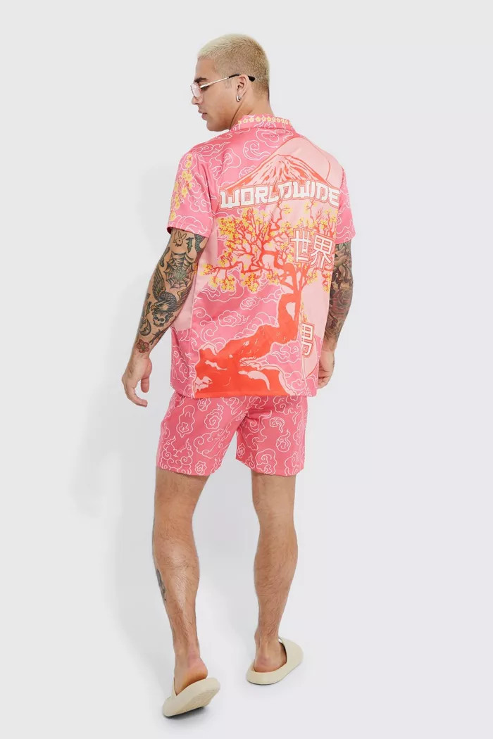 Short Sleeve Satin Scenic Homme Shirt & Short | Boohoo.com (US & CA)
