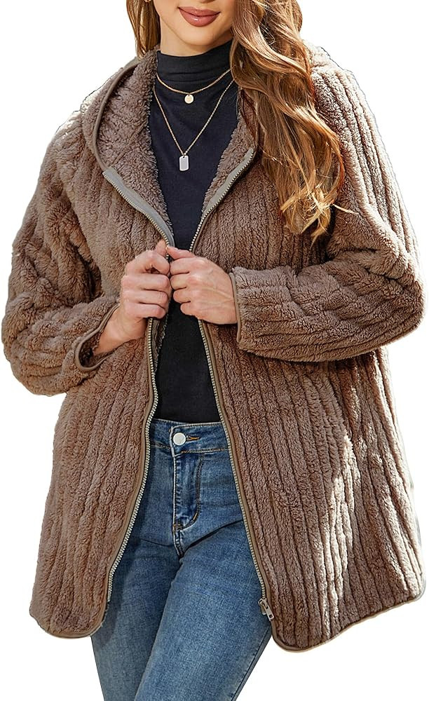 Womens Fleece Jacket Hooded Winter Warm Full Zip Long Sleeve Sherpa Jacket Coat Outerwear with Ho... | Amazon (US)